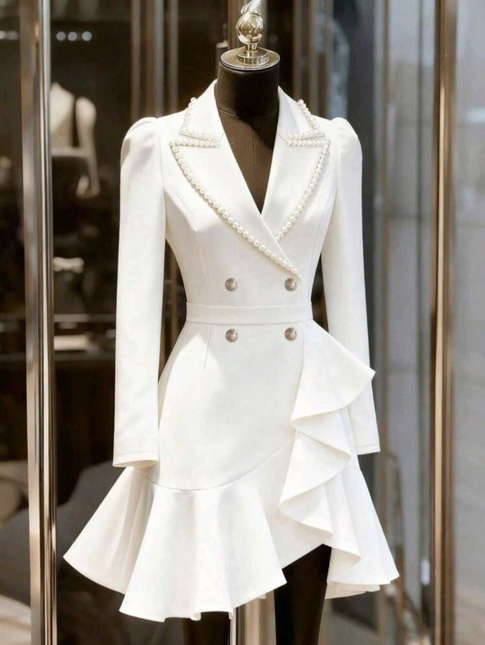 Women's Elegant White Autumn Wedding Guest Blazer Dress,Asymmetrical Ruffle Hem